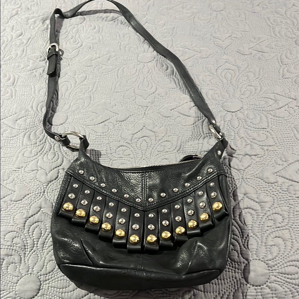 b. makowsky Black Leather Crossbody Bag with Gold and Silver Studs
